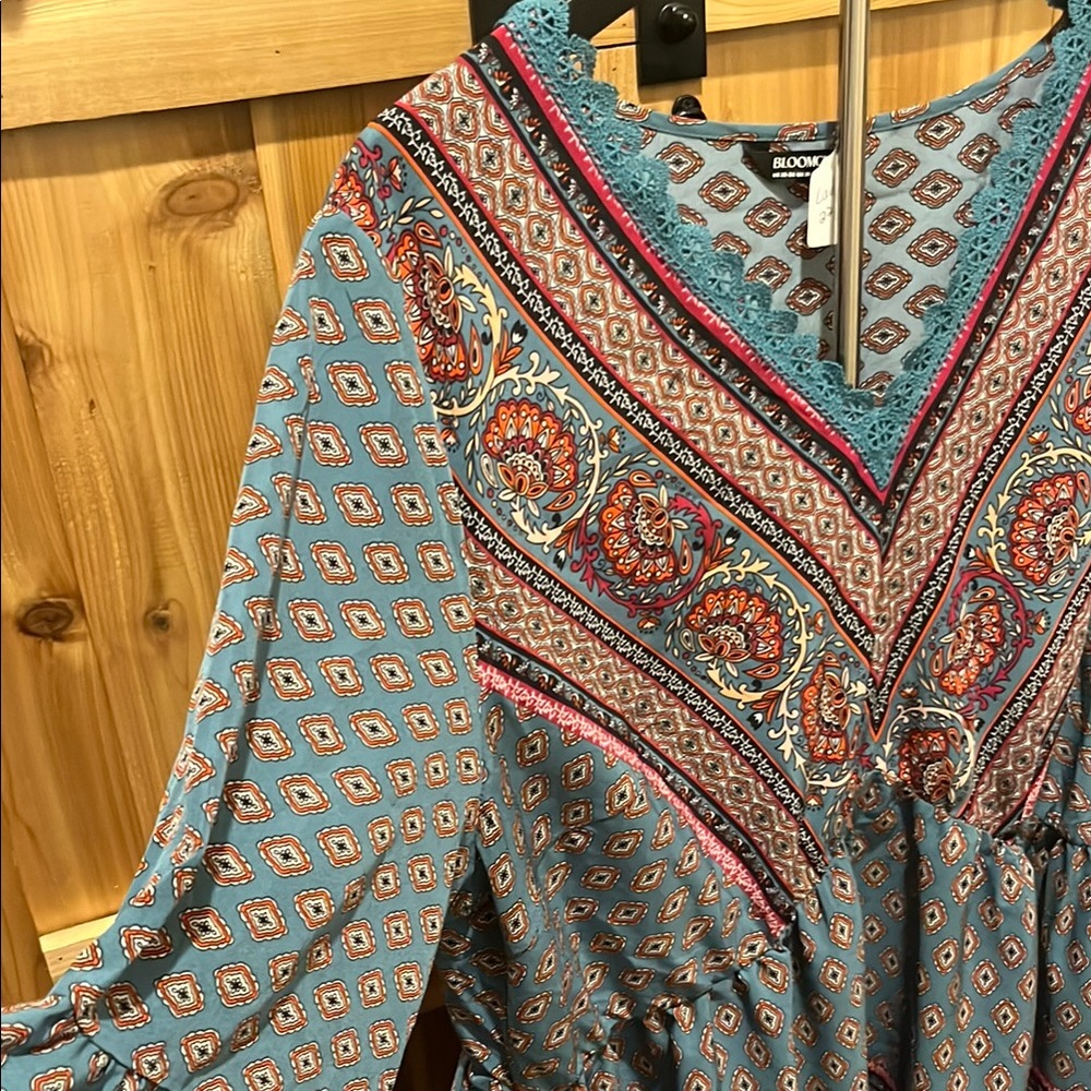 Boho V-Neck Peasant Blouse -size 22 Blue And Teal - Picture 3 of 10